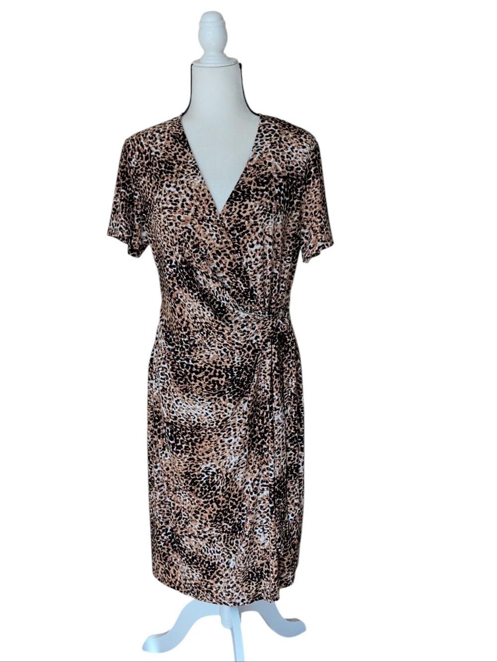 Anne Klein Leopard Print Faux Wrap Midi Dress 14 Tan Black